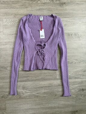 BDG Lavender Ribbed Tie-Front Long Sleeve Top